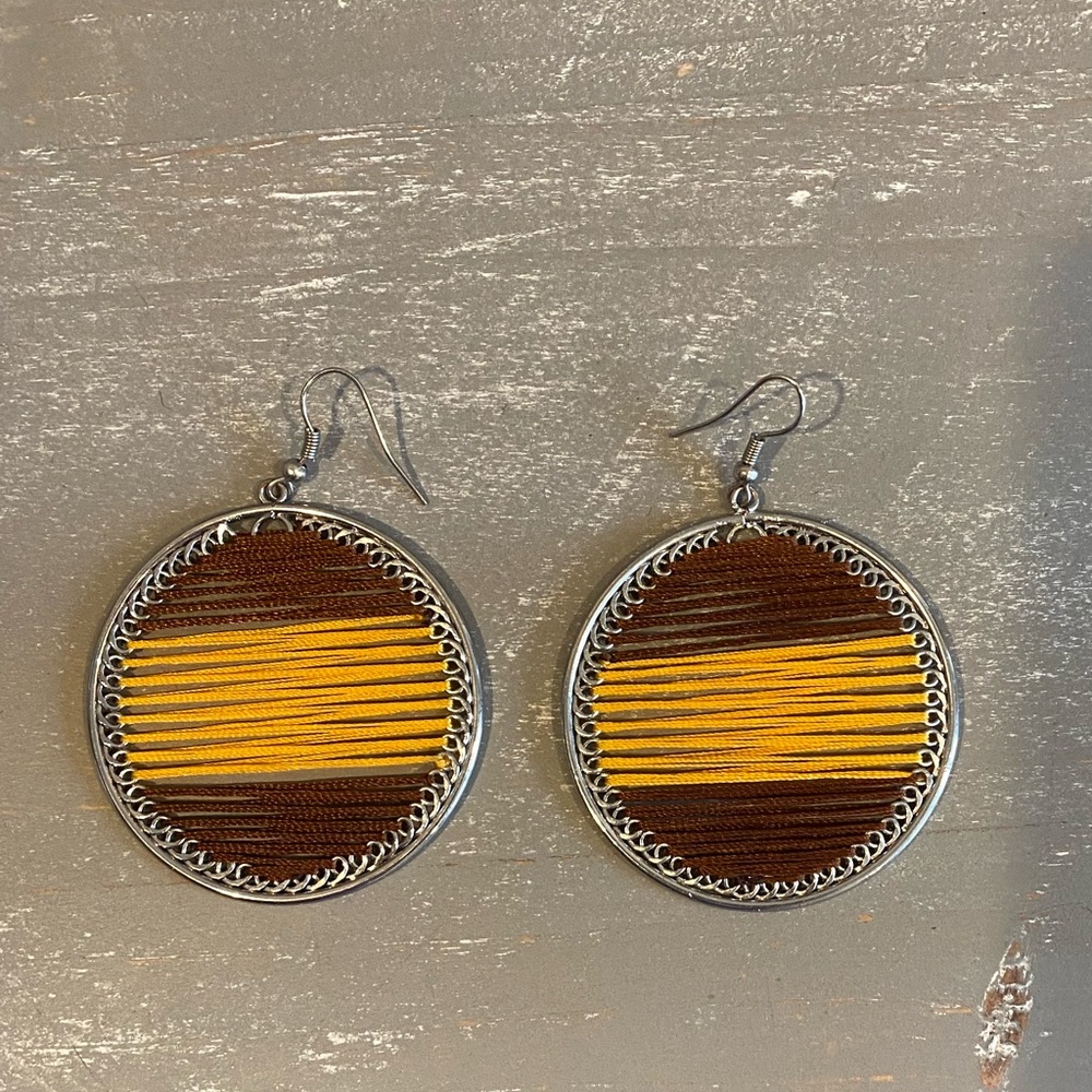 Silver Thread String Woven Circle Dangle Earrings - image 2